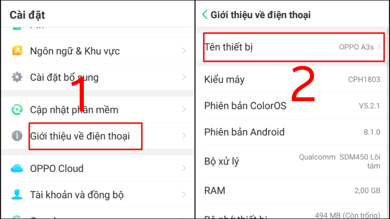 Thao tác kiểm tra tên điện thoại OPPO qua mục Cài đặt